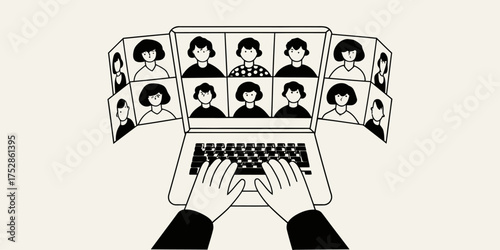 Person using a laptop for a video conference call with multiple participants displayed on the screen and sides | editable eps vectors silhouette