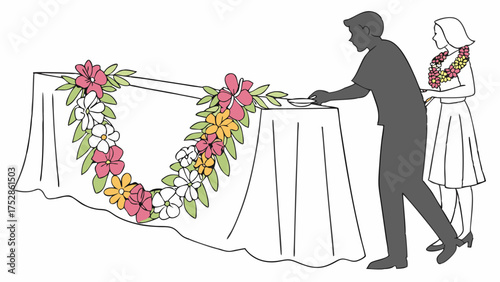 Man and Woman Arranging Vibrant Floral Leis on Table for Tropical Party Decoration