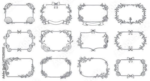 Collection of decorative frames with floral and seashell elements.