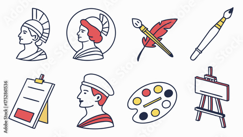 Art History and Creative Culture Icons. Education, Learning, and Design Tools Set for Study.