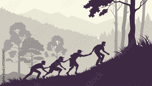 Team Supporting Each Other Climbing Steep Hill for Business Success Leadership and Overcoming Challenges