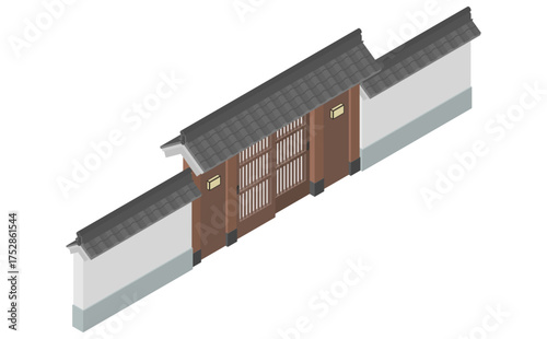 アイソメトリックイラスト：和風の門