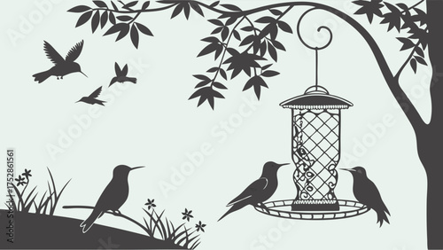 Peaceful Silhouette Hummingbirds and Sparrows Flying, Feeding at Garden Bird Feeder Under Tree for Nature Decor