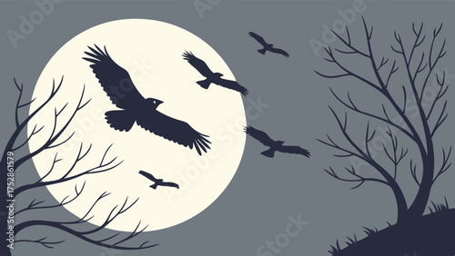 Silhouetted Birds Flying Against Bright Full Moon Bare Trees Night Freedom Wildlife Vector Art