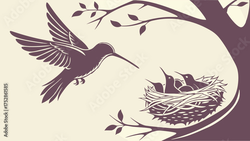 Nurturing Hummingbird Mother Feeding Baby Birds in Nest Spring Nature Wildlife Vector