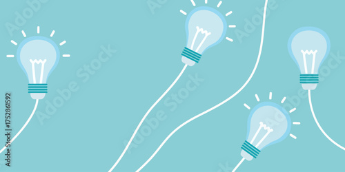 Illustration of four light bulbs with glowing filaments on a light blue colored background surface area | editable eps vectors silhouette