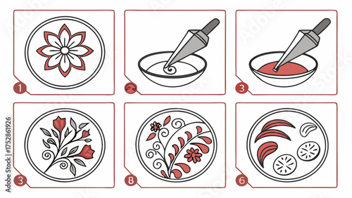 Intricate Traditional Floral Patterns. Step-by-Step Decorative Art with Red Paste and Application Tool.