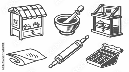 Traditional Bakery and Kitchen Tools Vintage Market Stall Rolling Pin Mortar Pestle for Artisanal Food Crafting