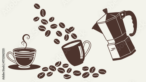 Dynamic Coffee Beans Pouring into Steaming Cup and Moka Pot Illustration for Cafe Branding