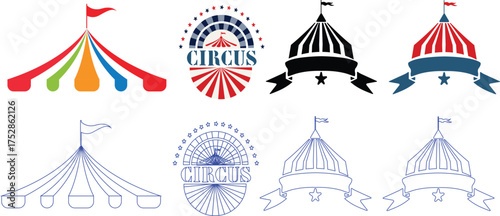 Collection of Circus Tent Icons and Logos with Flags and Banners