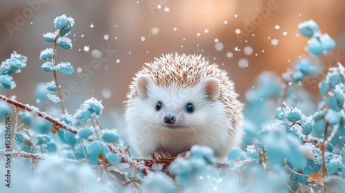 Adorable hedgehog nestled amongst delicate blue winter foliage, serene nature scene.