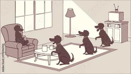 Humanized Poodles Watching TV and Reading Book in Cozy Living Room. Pet Family Leisure Illustration.