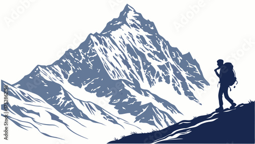 Determined Hiker Ascending Majestic Snowy Mountain. Adventure, Challenge, Success, Business Growth, Personal Development Journey.