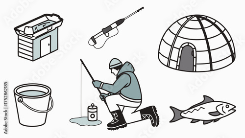 Winter Ice Fishing Angler with Rod, Bucket, Fresh Fish, Igloo, and Ice Shack Outdoor Recreation Illustration