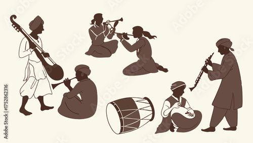 Traditional Indian Musicians Playing Folk Instruments Silhouette for Cultural Events and Music Education