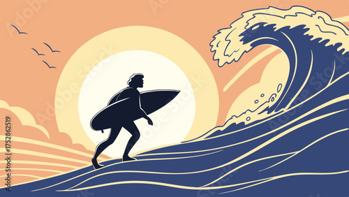 Determined Surfer Running Towards Giant Wave at Sunset. Summer Adventure, Freedom, Challenge. Travel Lifestyle.