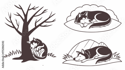 Peaceful Sleeping Husky Dog Illustration. Relaxed Pet Resting in Nature. Cozy Animal Comfort Vector Graphic.