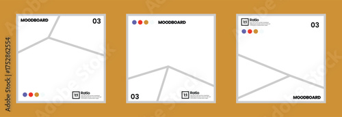 Square comic style moodboard with 3 panels and color swatches layout