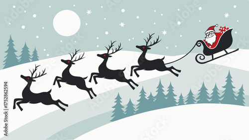 Magical Christmas Santa Claus Sleigh Ride with Reindeer Flying Over Snowy Winter Landscape for Festive Holiday Promotion