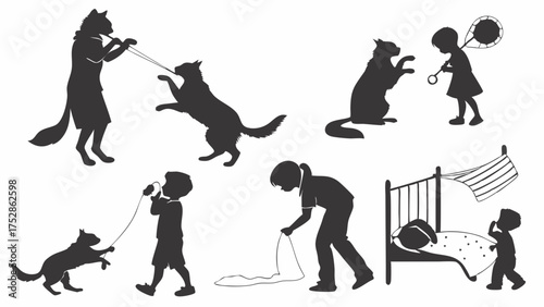 Kids and Pets Silhouettes Playing with String Rope Leash for Interaction Learning and Problem Solving