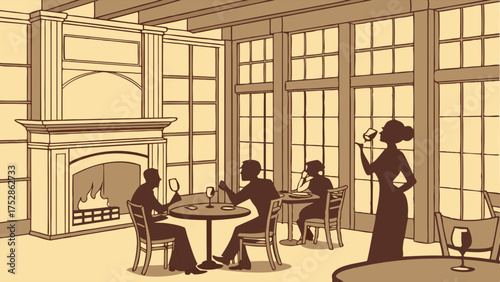 Elegant Silhouettes Enjoying Wine Tasting and Upscale Dining in a Luxury Restaurant Lounge Interior