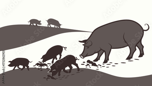 Active Wild Boars Foraging Outdoors. Mother Sow and Piglets Digging for Food in Nature. Grayscale Wildlife Art.