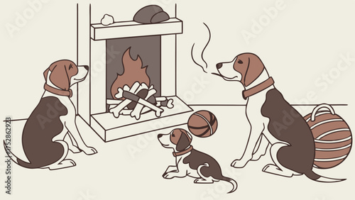 Beagle Dog Family and Puppy Enjoying Cozy Fireplace Warmth at Home Winter Illustration