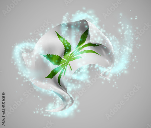 Сannabis, vector 3d flag in whirlwind of magical radiance