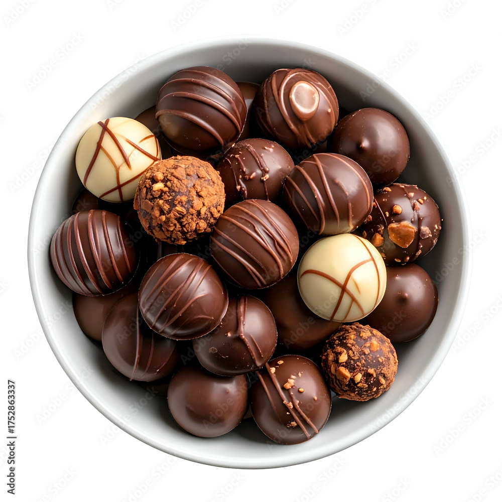 Fototapeta premium Overhead shot of a white bowl filled with assorted chocolate truffles, varying textures and colors