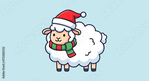 Cute Christmas Sheep with Santa Hat and Scarf