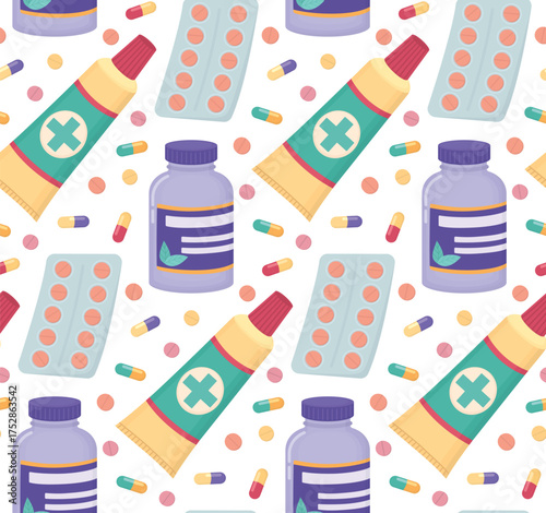 Seamless pattern with pills bottles, tubes, blisters with tablets and capsules. Background with medicinal products