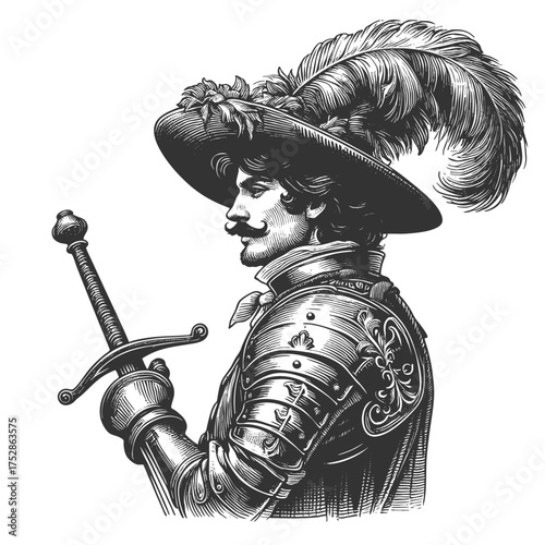 renaissance or baroque-era musketeer holding a sword, wearing ornate armor and a feathered hat sketch engraving generative ai fictional character vector illustration. Scratch board. Black and white.