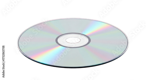 Shiny compact disc, tilted, on a black background with rainbow reflection
