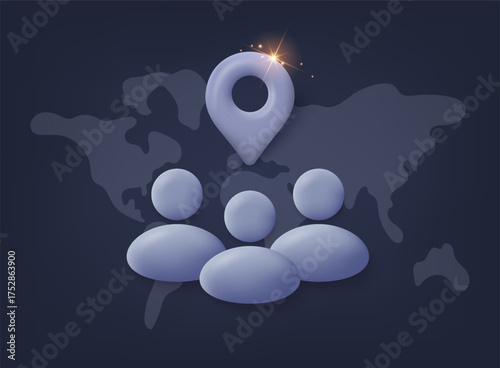 Group of people over world map representing community, social network and team concept. 3D Vector Web Illustration.