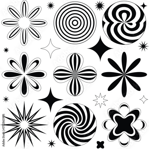 Retro geometric shapes and starburst elements for abstract design, pattern, and decoration