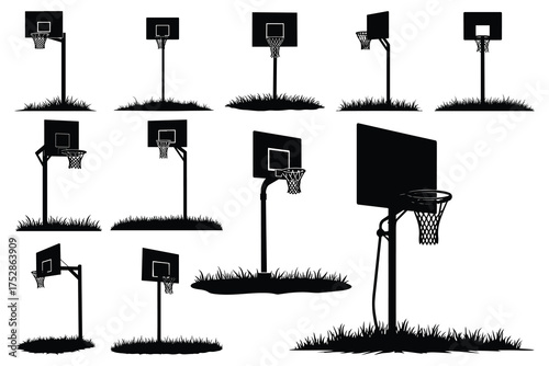 Collection of Black Silhouette Basketball Hoops on White Background