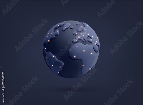 Glowing digital Earth with network dots representing global communication and cyber technology. 3D Vector Web Illustration.