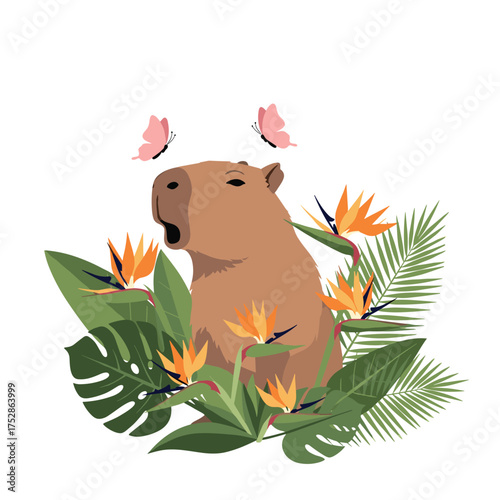 A capybara enjoying the vibrant tropical flora and fluttering butterflies.