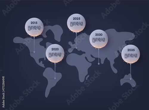 Global timeline infographic with glowing milestones on world map representing digital progress and innovation. 3D Vector Web Illustration.