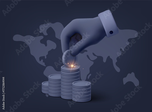 Hand stacking glowing coins over world map symbolizing global investment, economy and finance. 3D Vector Web Illustration.