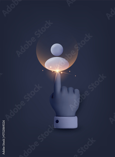 Hand pointing to user icon on screen, symbolizing selecting profile or giving approval in digital interface. 3D Vector Web Illustration.