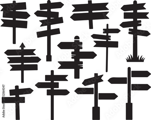 Collection of Wood Signpost Silhouette Illustrations on Transparent Background with Arrows for Outdoor Direction and Navigation