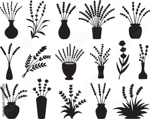 Collection of Lavender Flowers in Pots Black Silhouette on Transparent Background Isolated Decorative Vector Illustration, Simple Floral Clipart