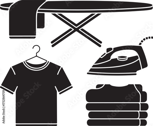 Ironing Icons with Board Iron Cloth Shirt on Transparent Isolated Background for Laundry Maid Domestic Work Exactly 130 Characters