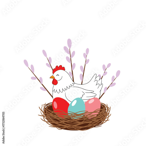 A happy hen sits in a nest with colorful eggs and blooming branches.