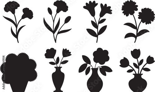Silhouette Vector Collection Of Flower And Vase Isolated In Transparent Background With Carnation, Lily, Tulip And Rose Variety