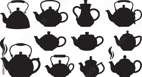 Set of Teapots Silhouette Black and White Vector Illustration Isolated on Transparent Background Exactly 130 Characters