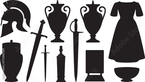 Silhouette Collection of Historical Items Including Swords, Helmet, Dress, Vase, and Goblet for Historical Themed Projects in Black Color at 129