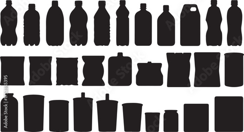 Assorted Plastic Bottles, Snack Packaging, and Beverage Cups Silhouettes for Packaging and Recycling Themed Designs at 124 Letters
