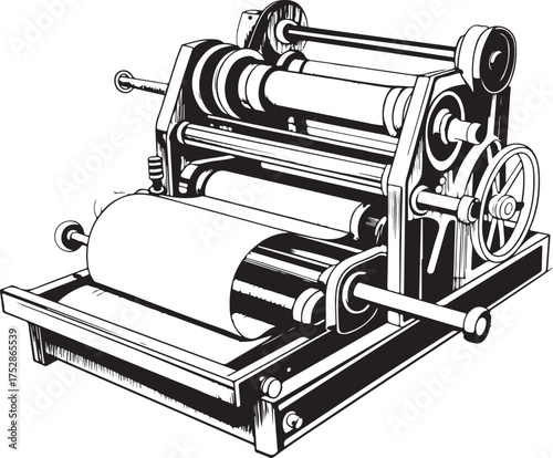 Vintage Printing Press Vector Artwork Perfect for Illustrating Traditional Print Technology with Detailed Gears and Rollers is About 130 Characters